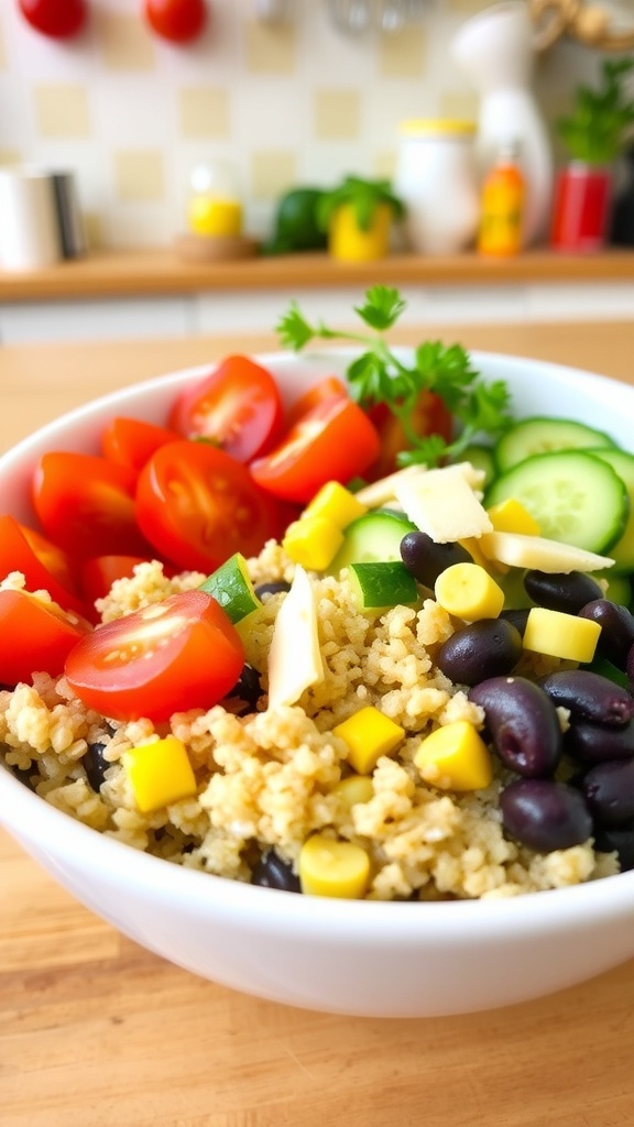 A kid-friendly quinoa bowl with tomatoes, cucumber, corn, black beans, and cheese, garnished with herbs.